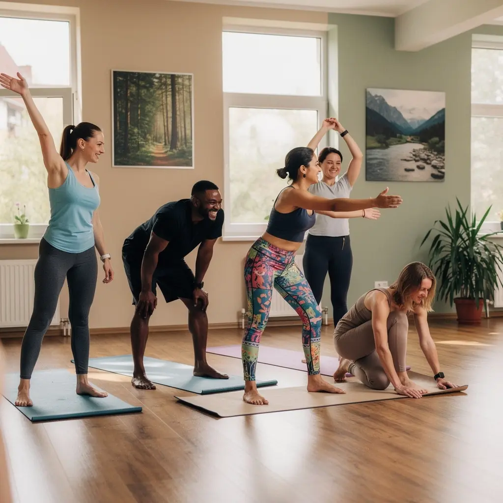 Grupa osób uczestniczących w zajęciach jogi, skupionych na relaksacji i medytacji.