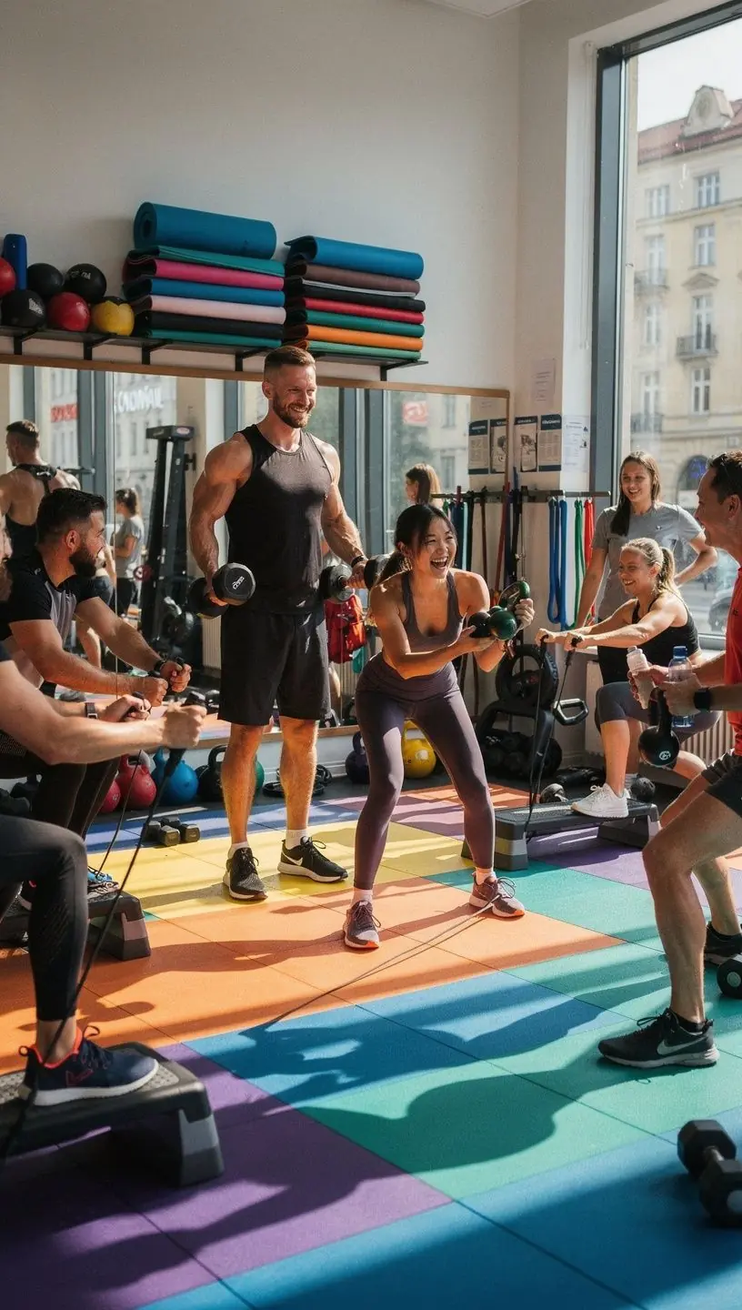 Instruktor prowadzący lekcję siły w grupie, zachęcający uczestników do intensywnego wysiłku.
