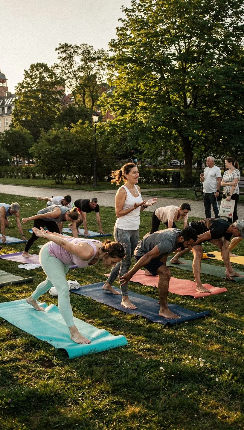 Kobieta wykonująca asanę jogi na macie w jasnym, przestronnym studiu fitness.