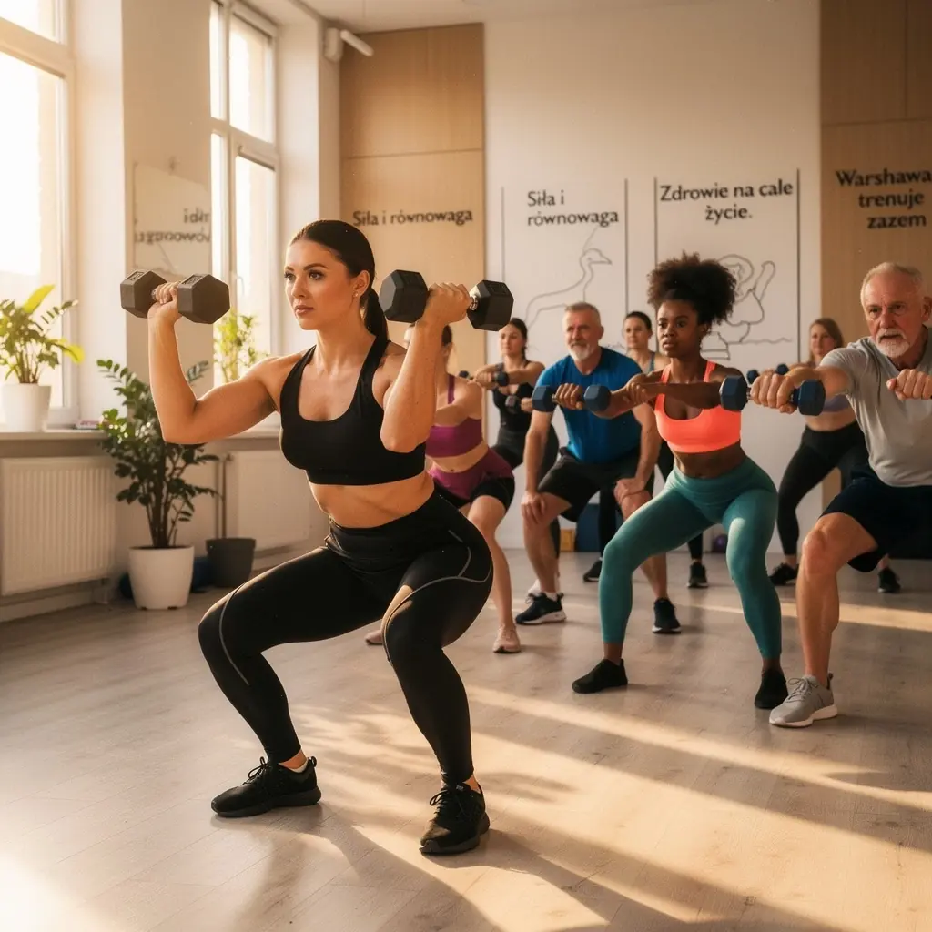 Trener prowadzący zajęcia z treningu siłowego, motywujący uczestników do osiągania lepszych wyników.