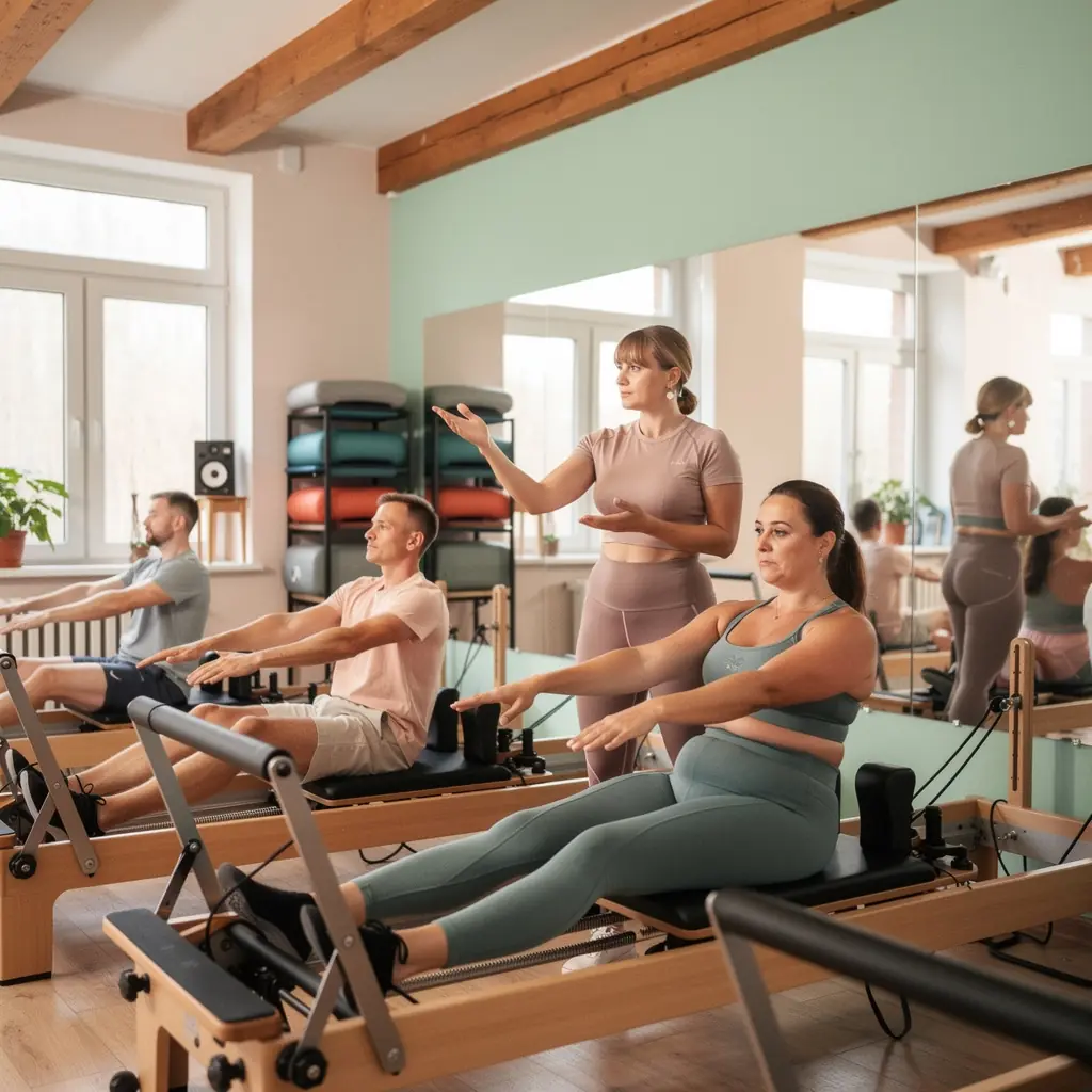 Trener prowadzący zajęcia z treningu siłowego, motywujący uczestników do osiągania lepszych wyników.