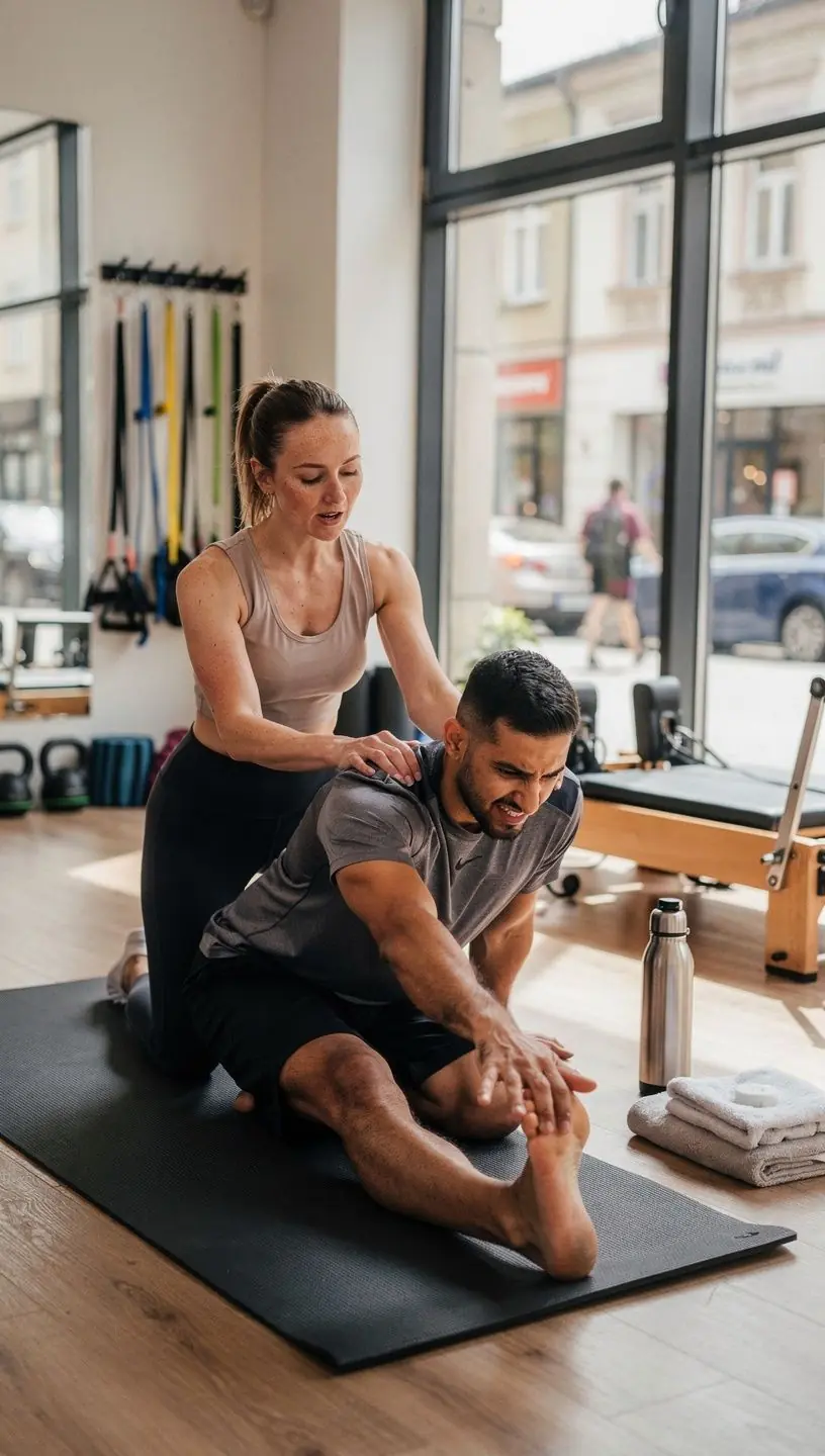 Trener prowadzący zajęcia z treningu siłowego, motywujący uczestników do osiągania lepszych wyników.